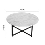 White Marble Effect Round Coffee Table with Black Legs - Close-Up Angle