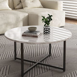 White Marble Effect Round Coffee Table with Black Legs - Side View