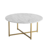 White Marble Effect Round Coffee Table with Gold Legs - Front View