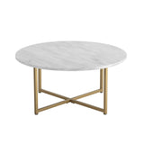 White Marble Effect Round Coffee Table with Gold Legs - 45-Degree Angle