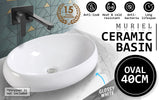 Muriel 40 x 30 x 13cm White Ceramic Bathroom Basin Vanity Sink Oval Above Counter Top Mount Bowl - Front View