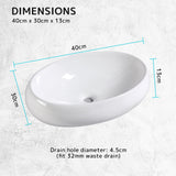Muriel 40 x 30 x 13cm White Ceramic Bathroom Basin Vanity Sink Oval Above Counter Top Mount Bowl - Extra Image
