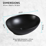Muriel 41 x 34 x 14.5cm Black Ceramic Bathroom Basin Vanity Sink Oval Above Counter Top Mount Bowl - Extra Image