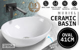 Muriel 41 x 34 x 14.5cm White Ceramic Bathroom Basin Vanity Sink Oval Above Counter Top Mount Bowl - Front View
