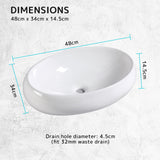 Muriel 48 x 34 x 14.5cm White Ceramic Bathroom Basin Vanity Sink Oval Above Counter Top Mount Bowl - Extra Image
