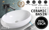 Muriel 59 x 40 x 14.5cm White Ceramic Bathroom Basin Vanity Sink Oval Above Counter Top Mount Bowl - Front View