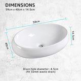 Muriel 59 x 40 x 14.5cm White Ceramic Bathroom Basin Vanity Sink Oval Above Counter Top Mount Bowl - Extra Image