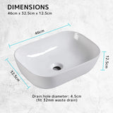 Muriel 46 x 32.5 x 12.5cm White Ceramic Bathroom Basin Vanity Sink Above Counter Top Mount Bowl - Extra Image