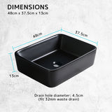 Muriel 48 x 37.5 x 13cm Black Ceramic Bathroom Basin Vanity Sink Above Counter Top Mount Bowl - Extra Image