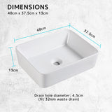 Muriel 48 x 37.5 x 13cm White Ceramic Bathroom Basin Vanity Sink Above Counter Top Mount Bowl - Extra Image