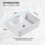 Muriel 48 x 37.5 x 13cm White Ceramic Bathroom Basin Vanity Sink Above Counter Top Mount Bowl - Extra Image