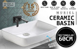 Muriel 60 x 38x 12cm White Ceramic Bathroom Basin Vanity Sink Above Counter Top Mount Bowl - Front View