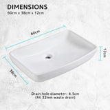 Muriel 60 x 38x 12cm White Ceramic Bathroom Basin Vanity Sink Above Counter Top Mount Bowl - Extra Image