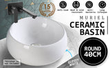 Muriel 40 x 40 x 15.5cm White Ceramic Bathroom Basin Vanity Sink Round Above Counter Top Mount Bowl - Front View