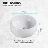 Muriel 40 x 40 x 15.5cm White Ceramic Bathroom Basin Vanity Sink Round Above Counter Top Mount Bowl - Extra Image