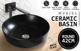 Muriel 42 x 42 x 13.5cm Black Ceramic Bathroom Basin Vanity Sink Round Above Counter Top Mount Bowl - Front View
