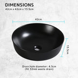 Muriel 42 x 42 x 13.5cm Black Ceramic Bathroom Basin Vanity Sink Round Above Counter Top Mount Bowl - Extra Image