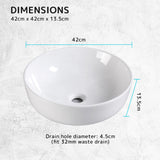 Muriel 42 x 42 x 13.5cm White Ceramic Bathroom Basin Vanity Sink Round Above Counter Top Mount Bowl - Extra Image