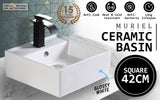 Muriel 42 x 42 x 15cm White Ceramic Bathroom Basin Vanity Sink Square Above Counter Top Mount Bowl - Front View