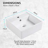Muriel 42 x 42 x 15cm White Ceramic Bathroom Basin Vanity Sink Square Above Counter Top Mount Bowl - Extra Image