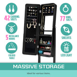 Mirror Jewellery Cabinet Organiser LED 146cm BLACK - Low Angle