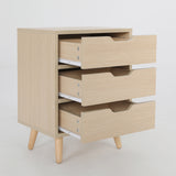 Bedside Table 3 Drawer Wood Leg Storage Cabinet Nightstand LACY OAK - Rear View