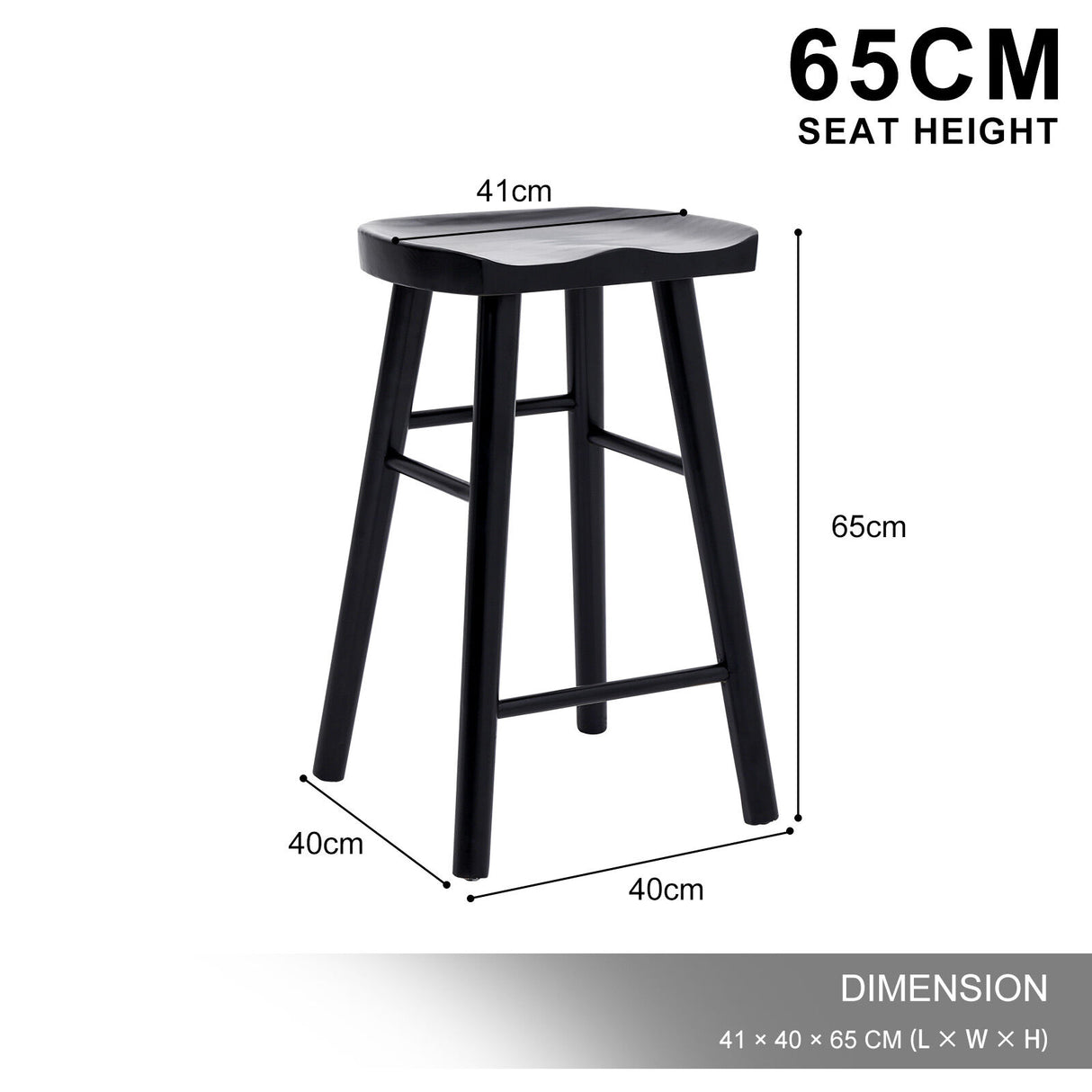 2X Wooden Bar Stool Dining Chair Pine Wood FRIDA 65cm BLACK