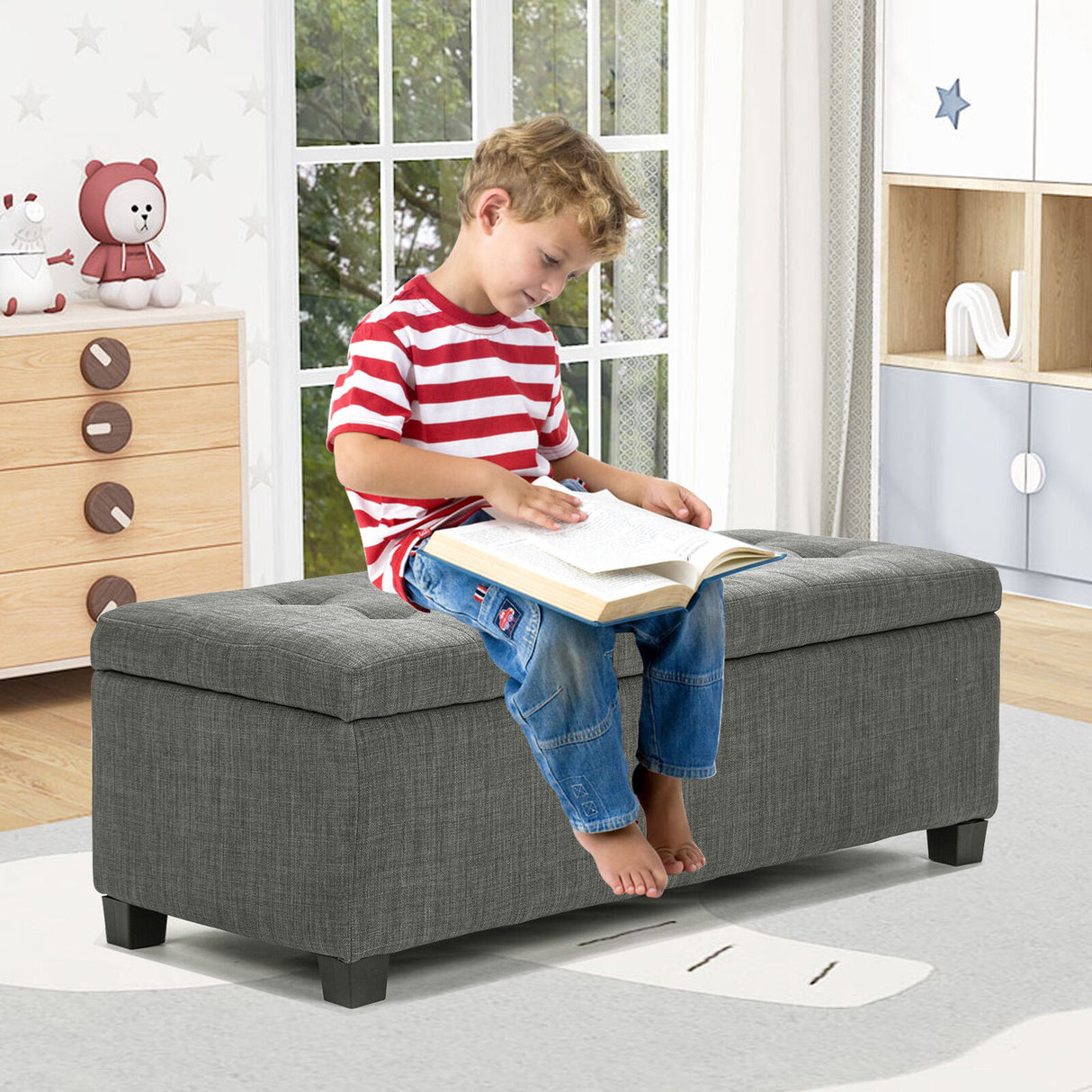 Storage Ottoman Stool 102cm Fabric DARK GREY
