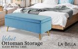 Storage Ottoman Stool Bench Seat 110cm Velvet OCEAN BLUE - Front View
