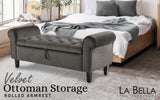 Storage Ottoman Stool Arm Bench Seat 132cm Velvet GREY - Front View