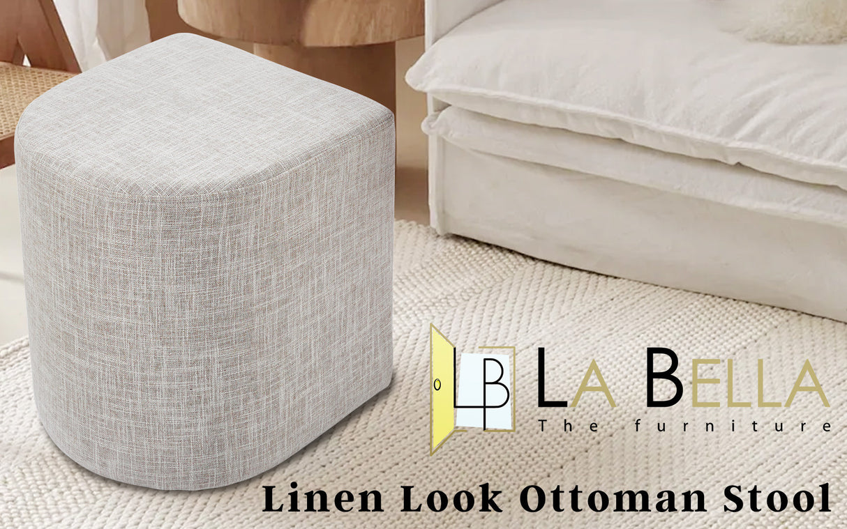 Linen Fabric Pouffe Ottoman Stool - Cream Grey Footrest & Seat