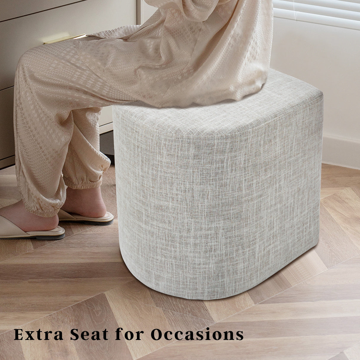 Linen Fabric Pouffe Ottoman Stool - Cream Grey Footrest & Seat