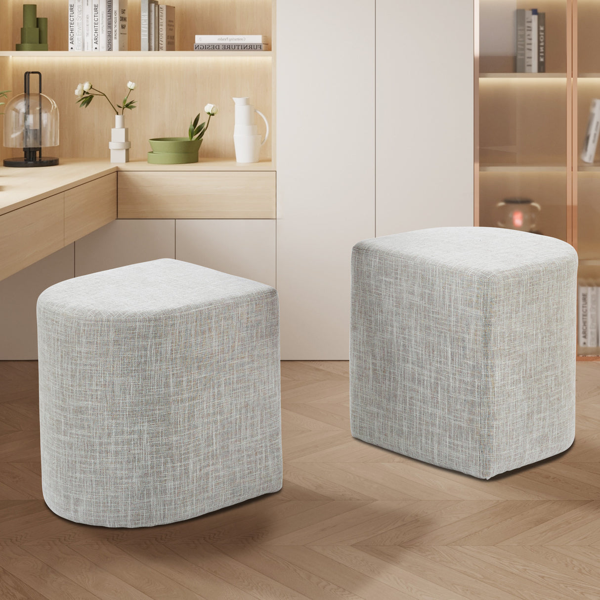 Linen Fabric Pouffe Ottoman Stool - Cream Grey Footrest & Seat