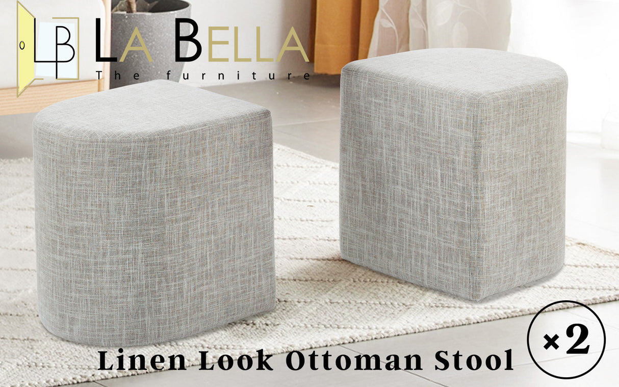 Set of 2 Cream Grey Linen Fabric Ottoman Stools - Versatile Footrest and Pouf