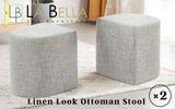 Set of 2 Cream Grey Linen Fabric Ottoman Stools - Versatile Footrest and Pouf - Front View