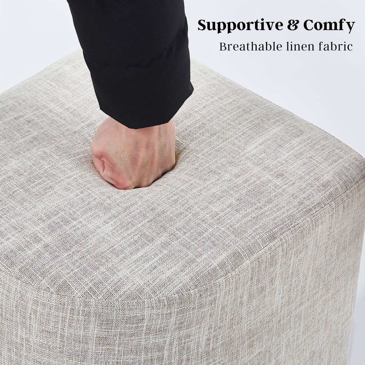Set of 2 Cream Grey Linen Fabric Ottoman Stools - Versatile Footrest and Pouf