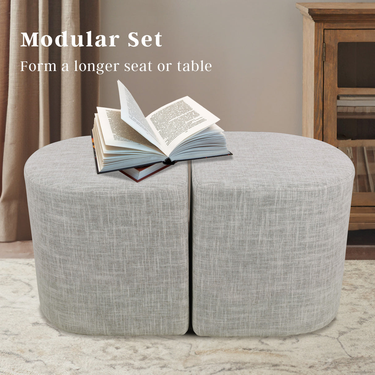 Set of 2 Cream Grey Linen Fabric Ottoman Stools - Versatile Footrest and Pouf