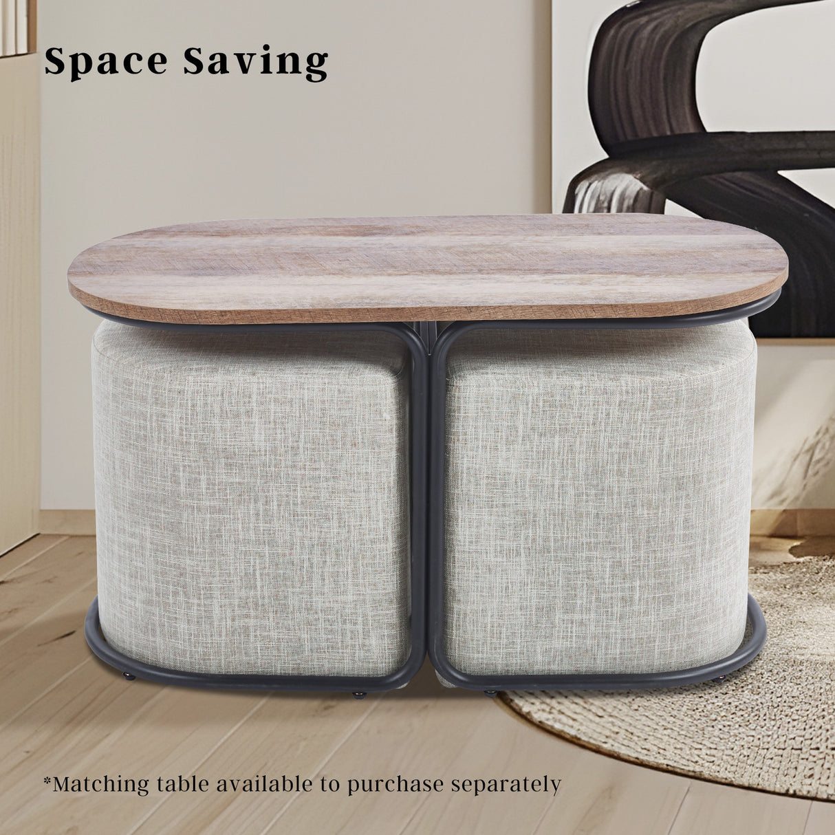 Set of 2 Cream Grey Linen Fabric Ottoman Stools - Versatile Footrest and Pouf