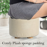 Fabric Ottoman Round Wooden Leg Foot Stool - BEIGE - Rear View