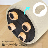 Fabric Ottoman Round Wooden Leg Foot Stool - BEIGE - Close-Up Angle