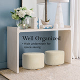 Fabric Ottoman Round Wooden Leg Foot Stool - BEIGE - Low Angle