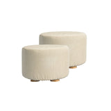 2X Fabric Ottoman Round Wooden Leg Foot Stool - BEIGE - Front View