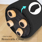 Fabric Ottoman Round Wooden Leg Foot Stool - BLACK - Close-Up Angle