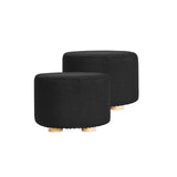 2X Fabric Ottoman Round Wooden Leg Foot Stool - BLACK - Front View