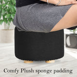 2X Fabric Ottoman Round Wooden Leg Foot Stool - BLACK - Rear View