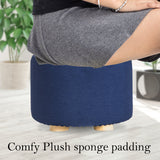 Fabric Ottoman Round Wooden Leg Foot Stool - DARK BLUE - Rear View