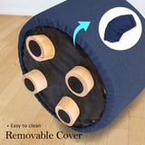 Fabric Ottoman Round Wooden Leg Foot Stool - DARK BLUE - Close-Up Angle