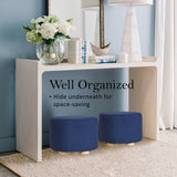 Fabric Ottoman Round Wooden Leg Foot Stool - DARK BLUE - Low Angle