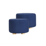 2X Fabric Ottoman Round Wooden Leg Foot Stool - DARK BLUE - Front View