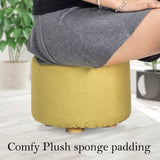 Fabric Ottoman Round Wooden Leg Foot Stool - MUSTARD YELLOW - 45-Degree Angle